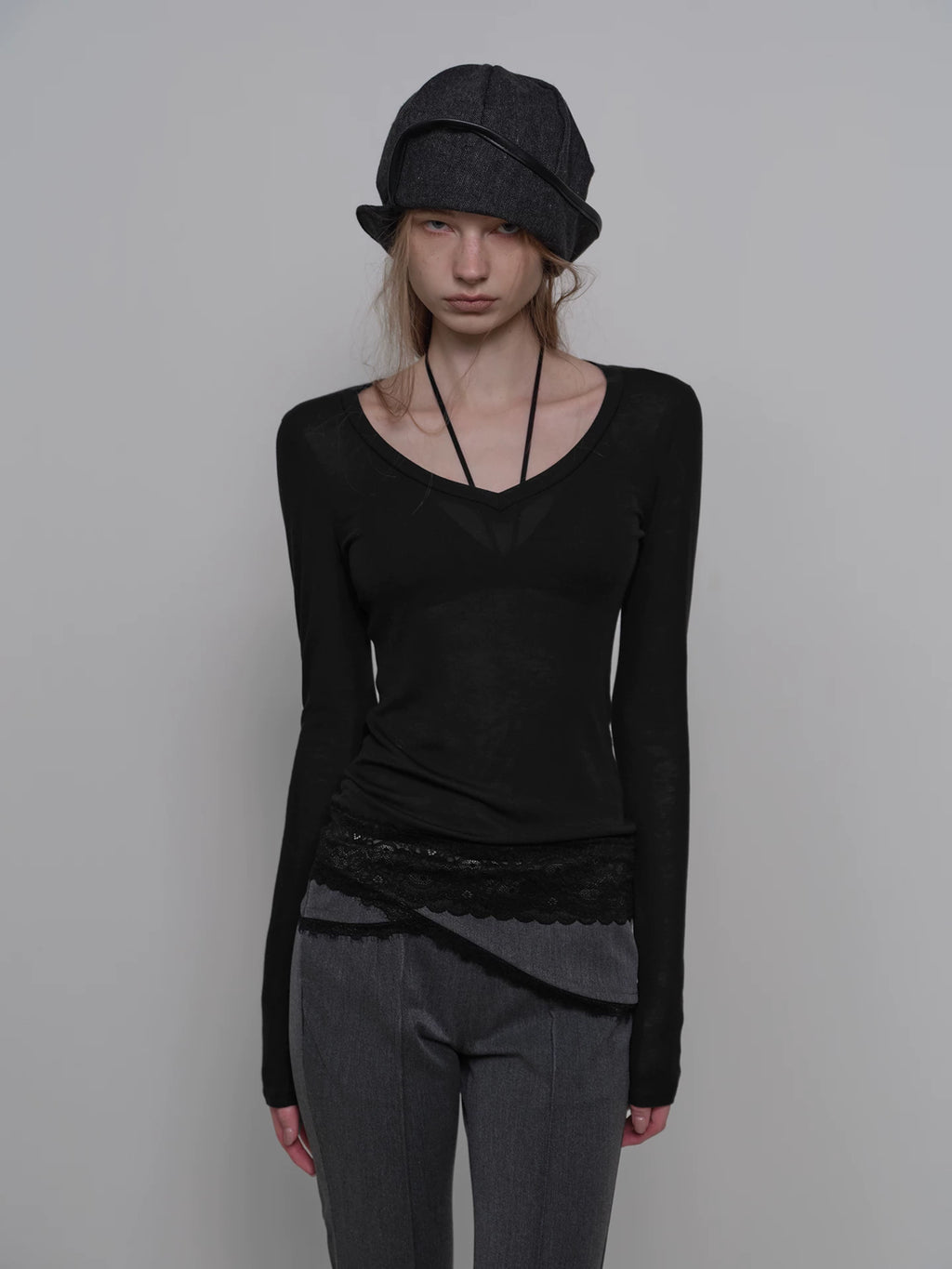 Lace-Trimmed Tencel Wool V-Neck Top