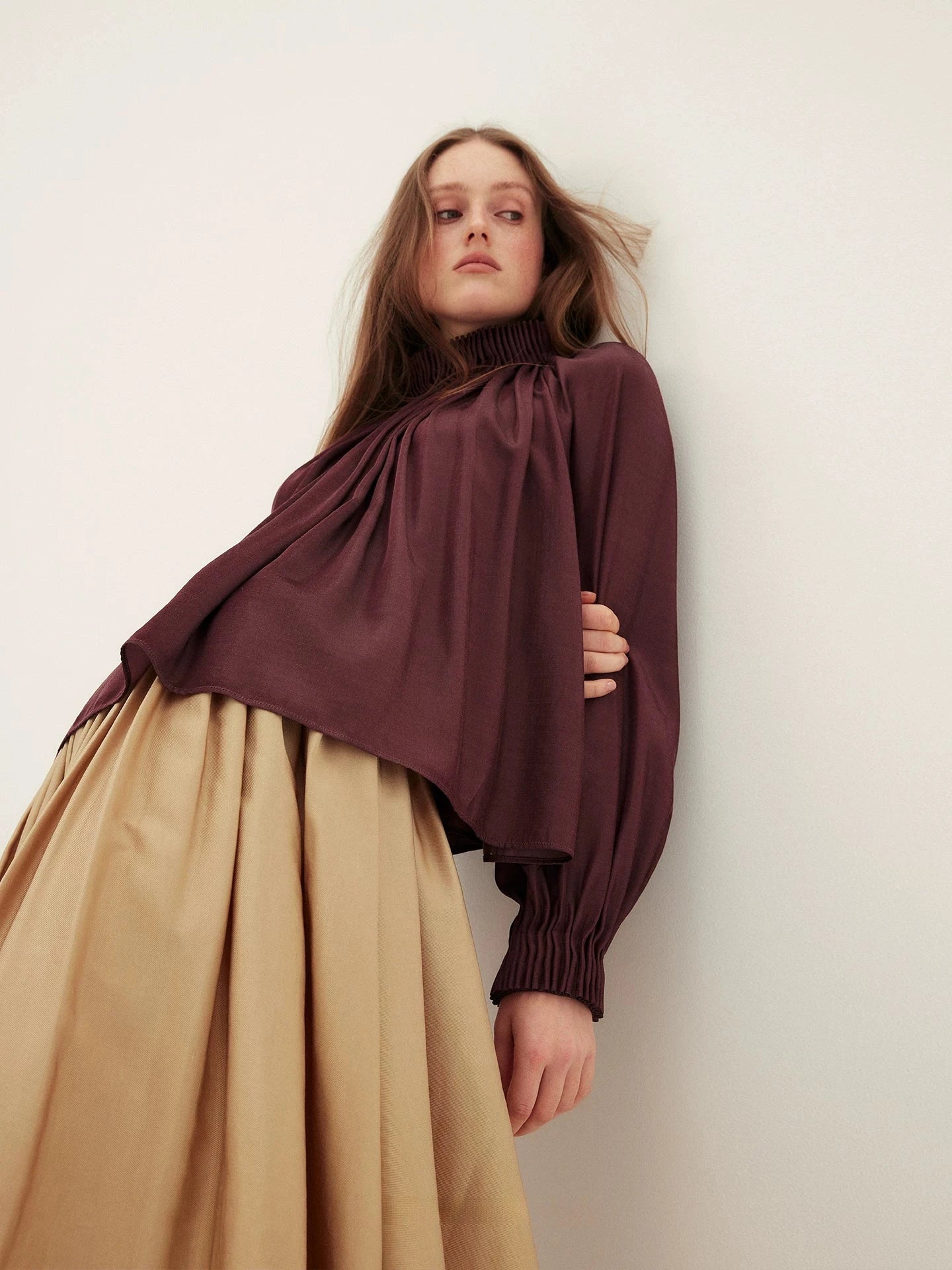 Rum-Colored Pleated Stand-Collar Blouse