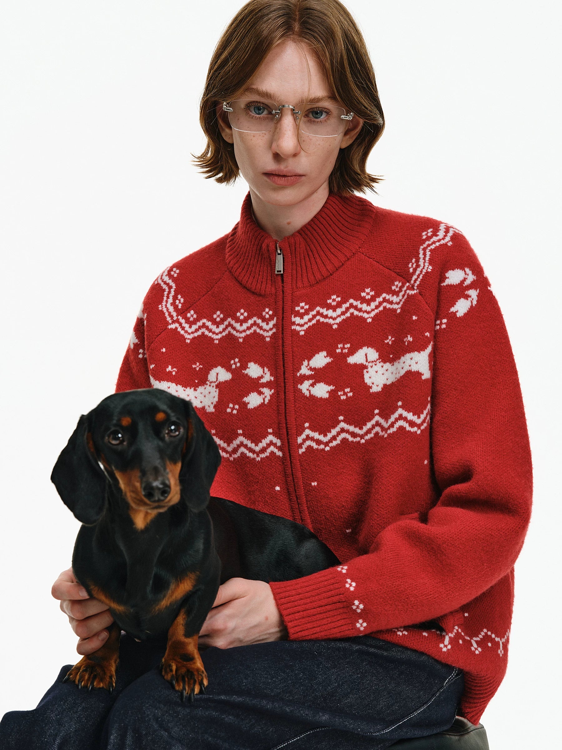 Fair Isle Dachshund Zip-Up Sweater