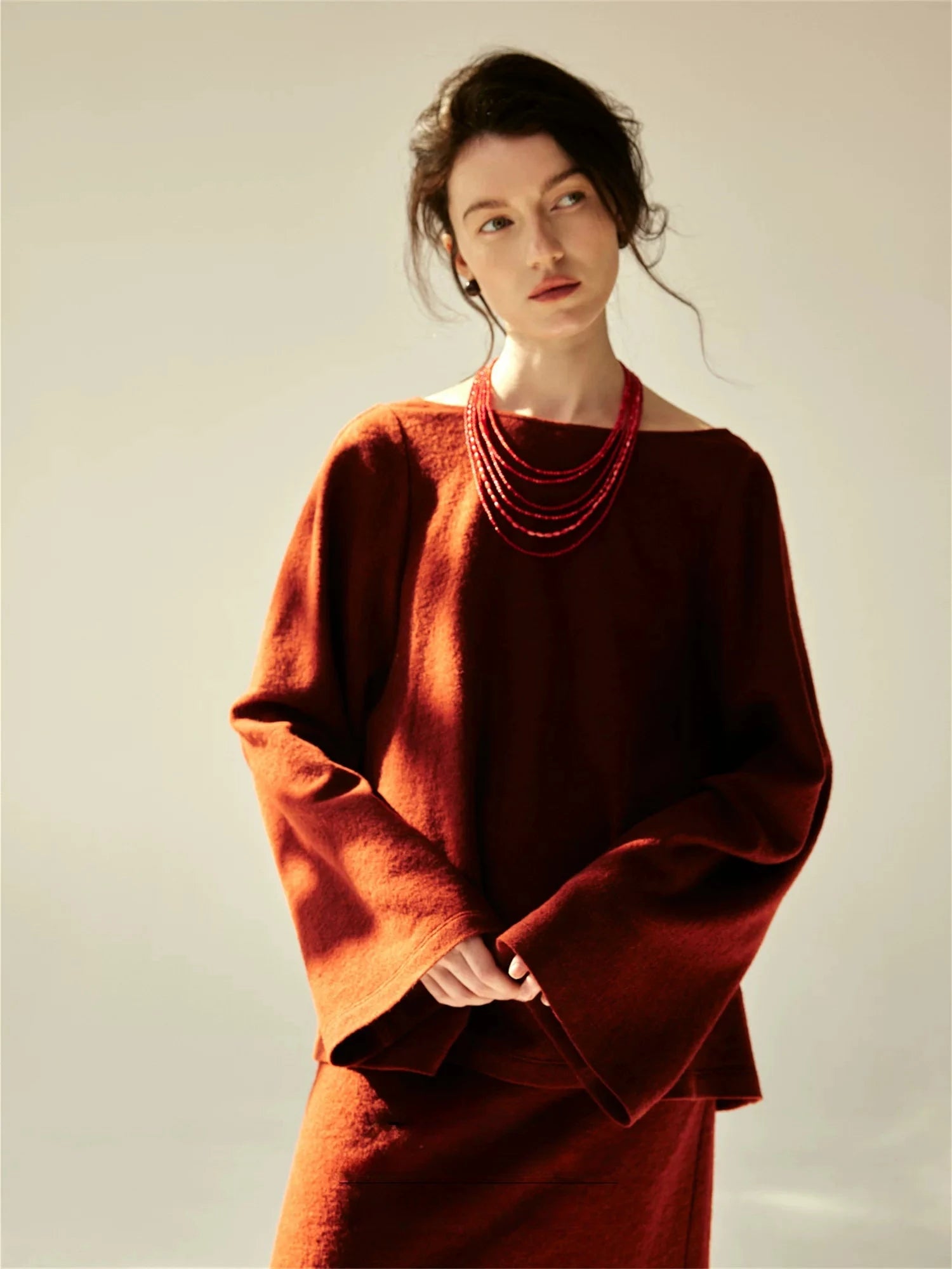 Deep Red Wool Blend Flared Knit Top