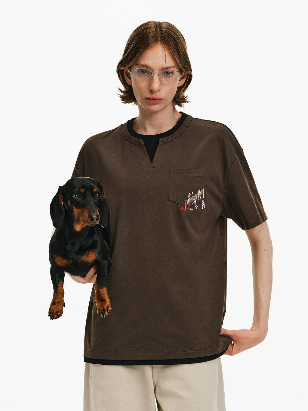 Embroidered V-Neck Layered T-Shirt