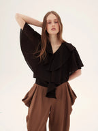 Plaid Ruffle Sleeve V-Neck Top