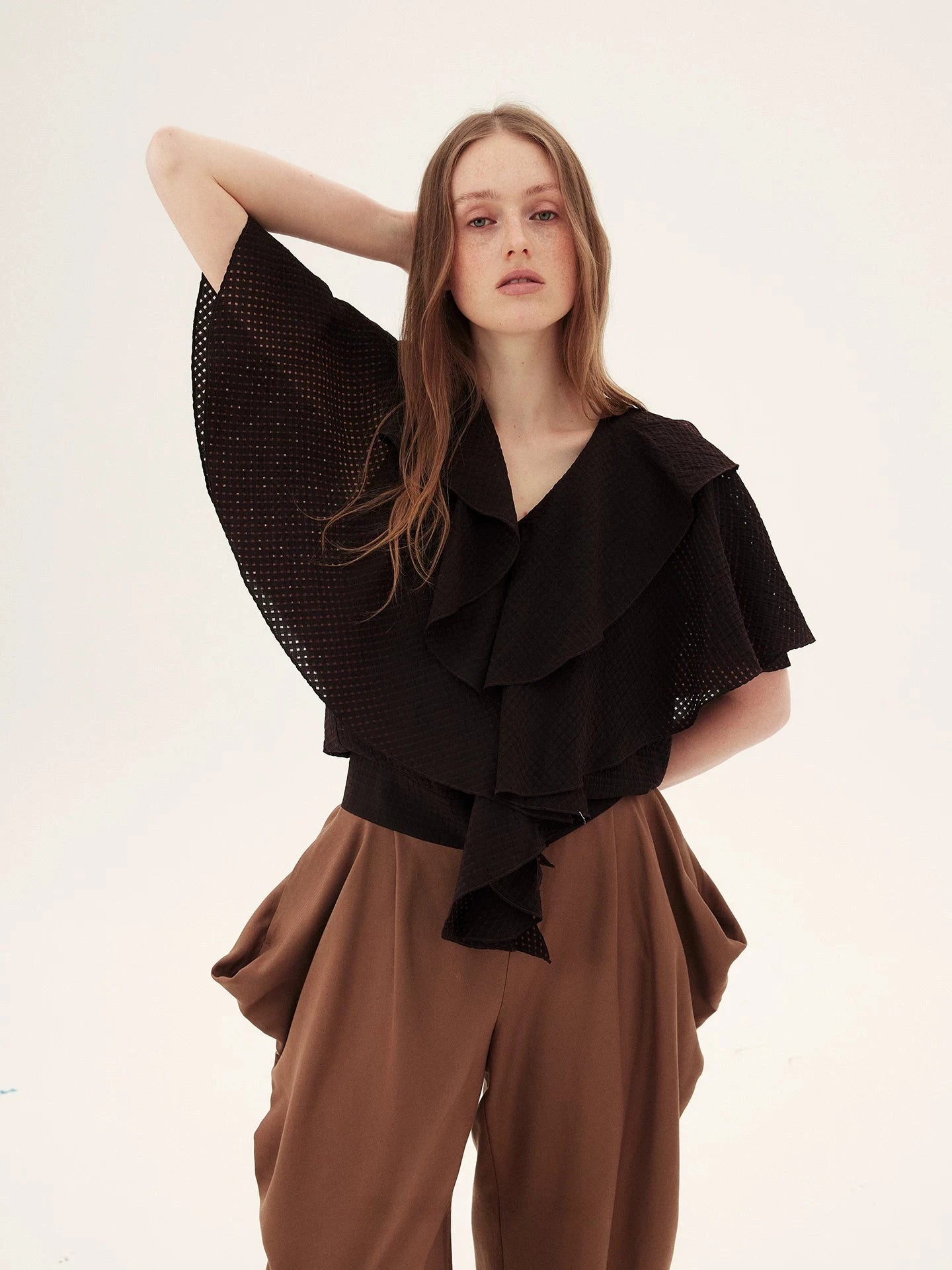 Plaid Ruffle Sleeve V-Neck Top