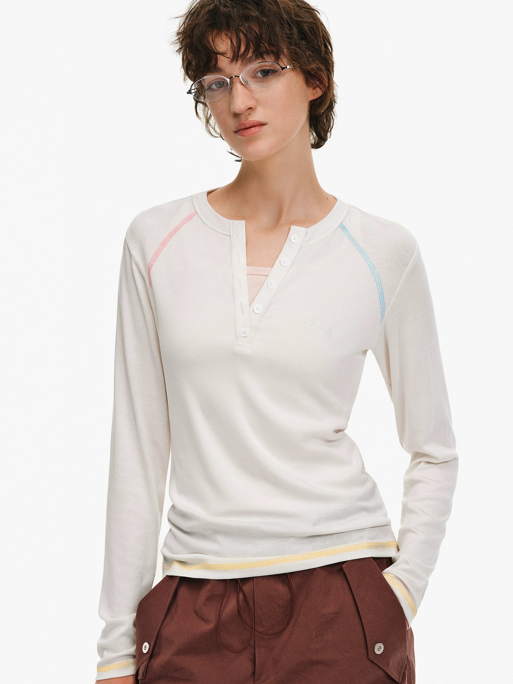 Contrast Stitch Henley Long-Sleeve Top
