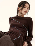 Asymmetrical Contrast-Stitch Wool Knit Top