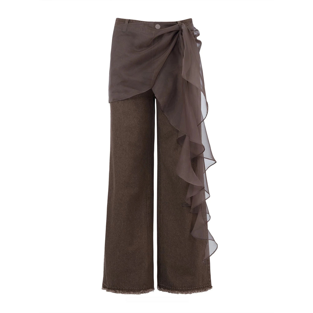 Tulle-Accented High-Waisted Straight Jeans
