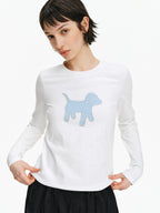 Embroidered Plaid Dog Crew Neck Top
