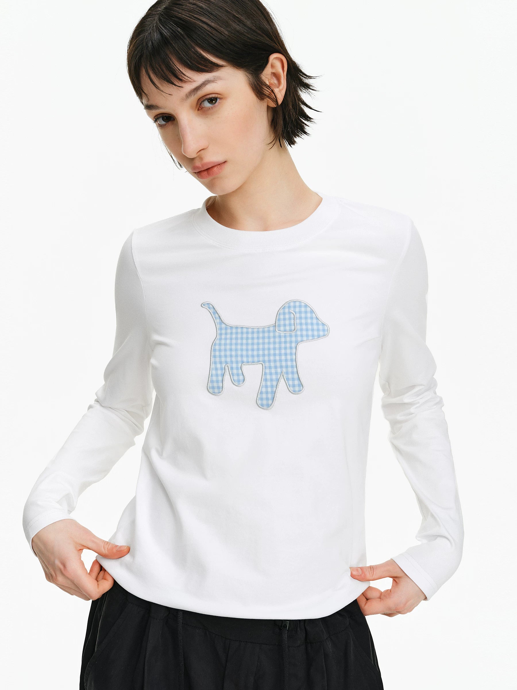 Embroidered Plaid Dog Crew Neck Top