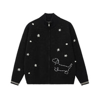Embroidered Puppy Motif Zip-Up Cardigan