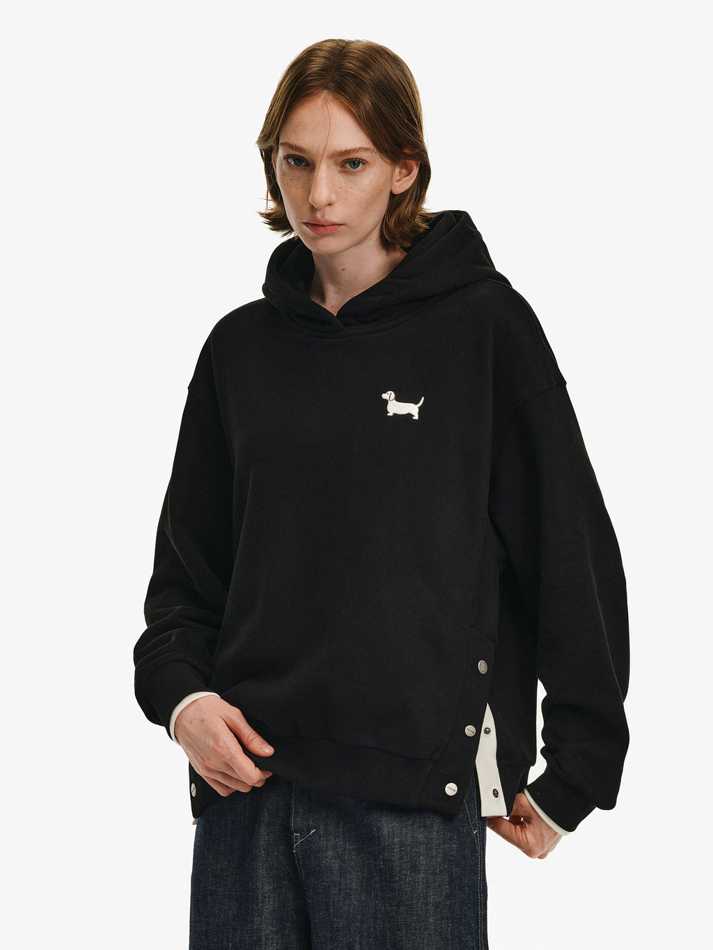 Embroidered Puppy Motif Hooded Sweatshirt