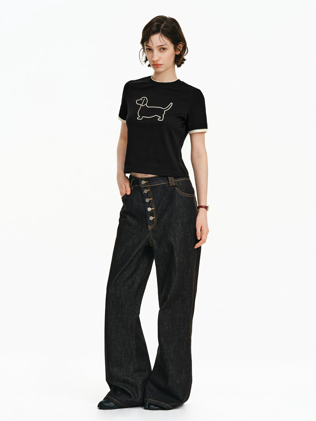 Embroidered Puppy Graphic Ringer T-Shirt