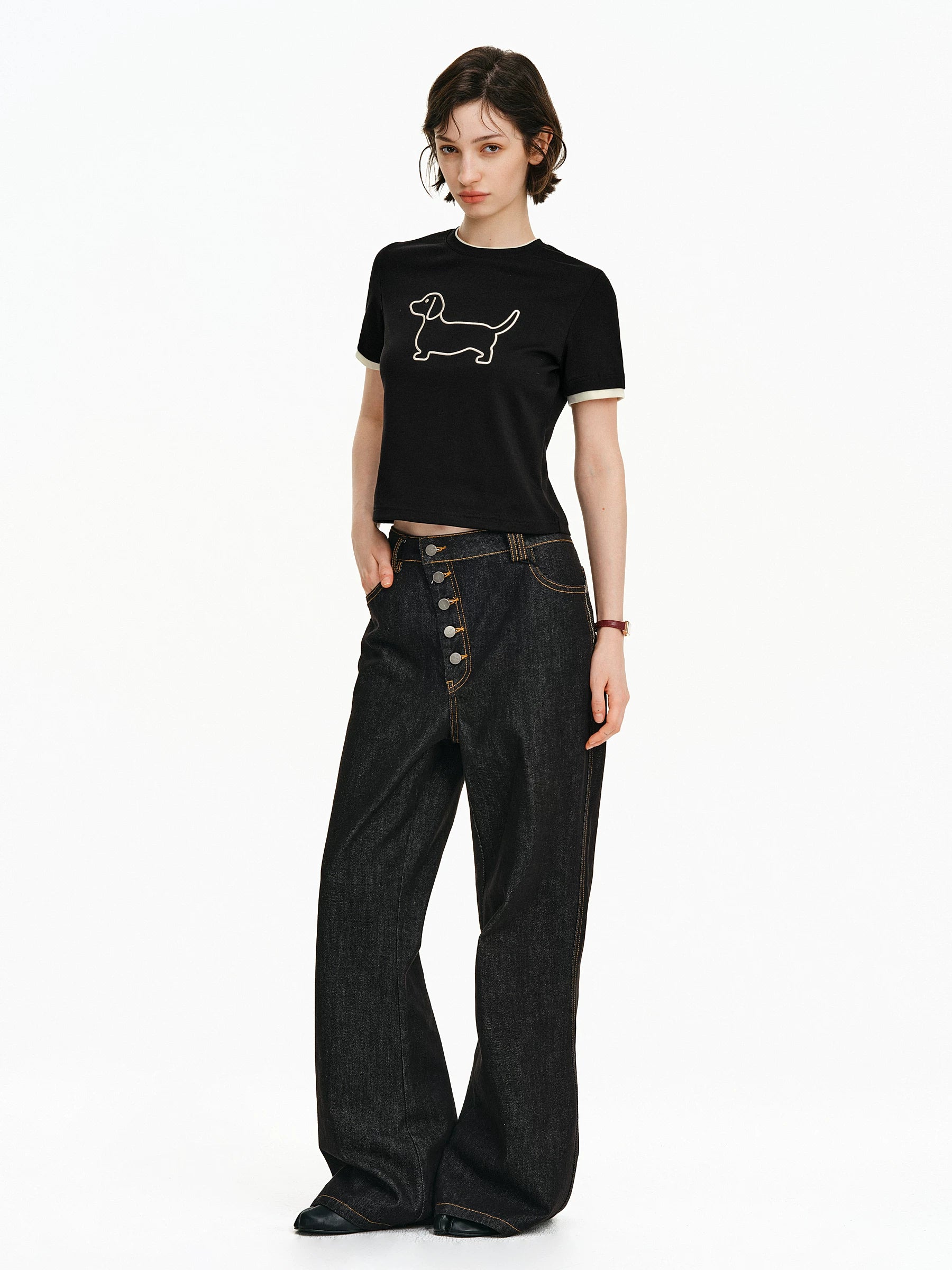 Embroidered Puppy Graphic Ringer T-Shirt