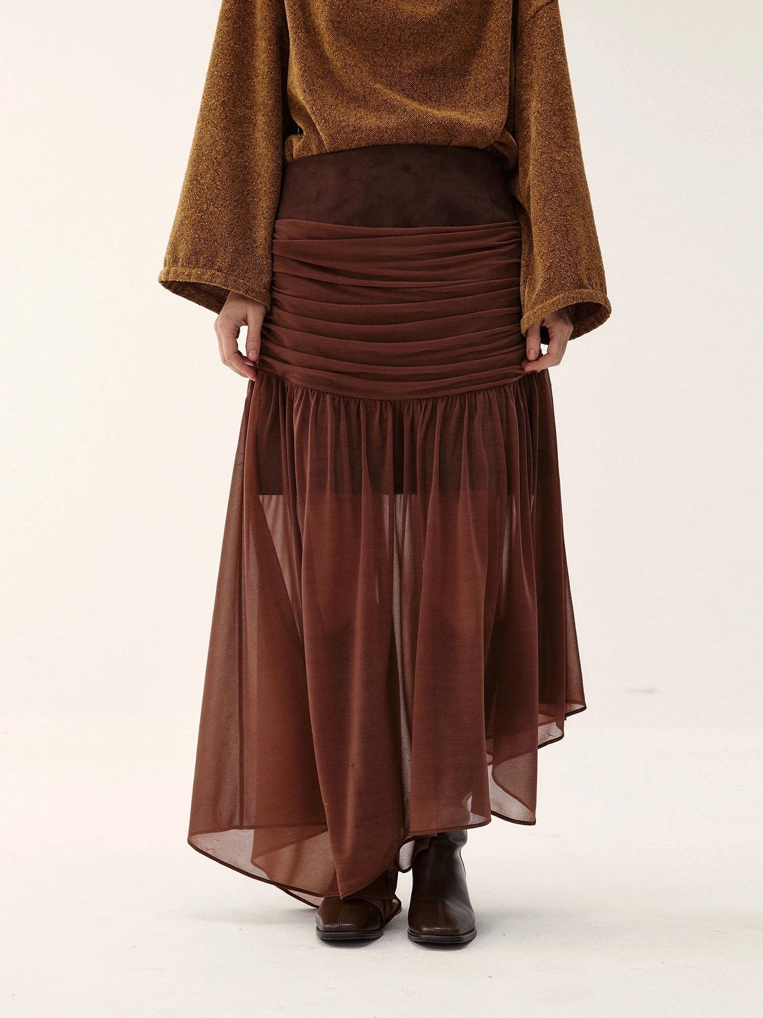 Suede And Chiffon Asymmetrical Midi Skirt