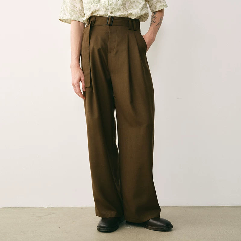 Olive Wool Blend Pleated Trousers