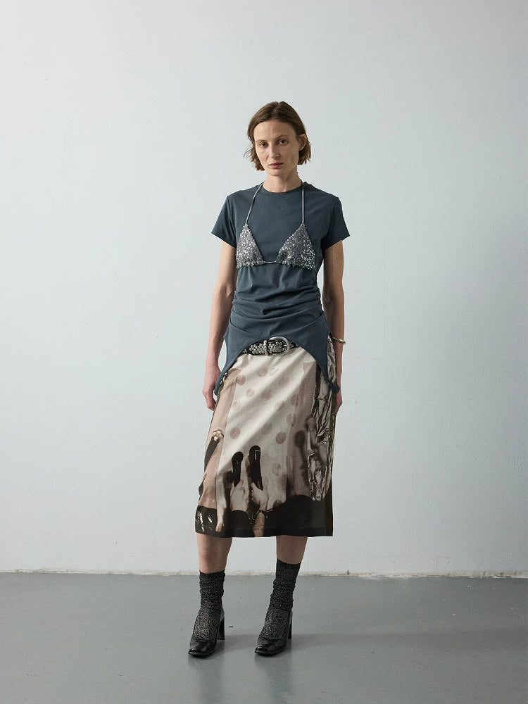 Asymmetric Pleated Cotton T-Shirt With Sequin Overlay