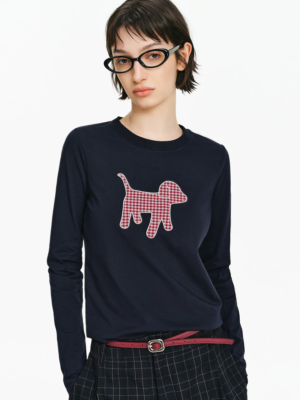 Embroidered Plaid Dog Crew Neck Top