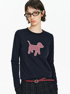 Embroidered Plaid Dog Crew Neck Top
