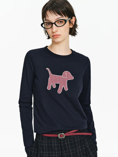 Embroidered Plaid Dog Crew Neck Top
