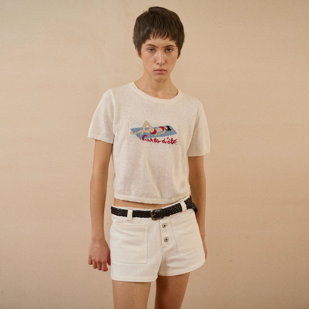 Jacquard Knit Cropped Graphic T-Shirt