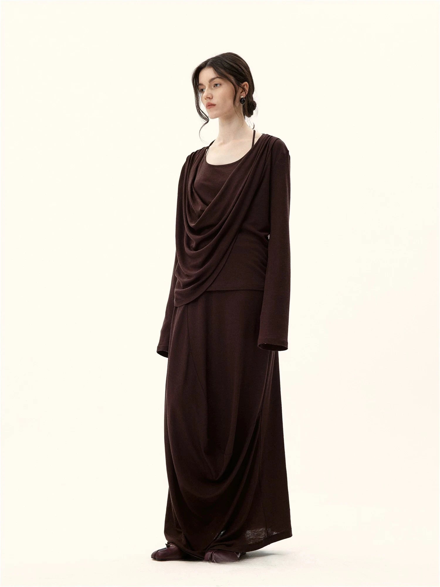 Draped Pleated Knit Maxi Dress