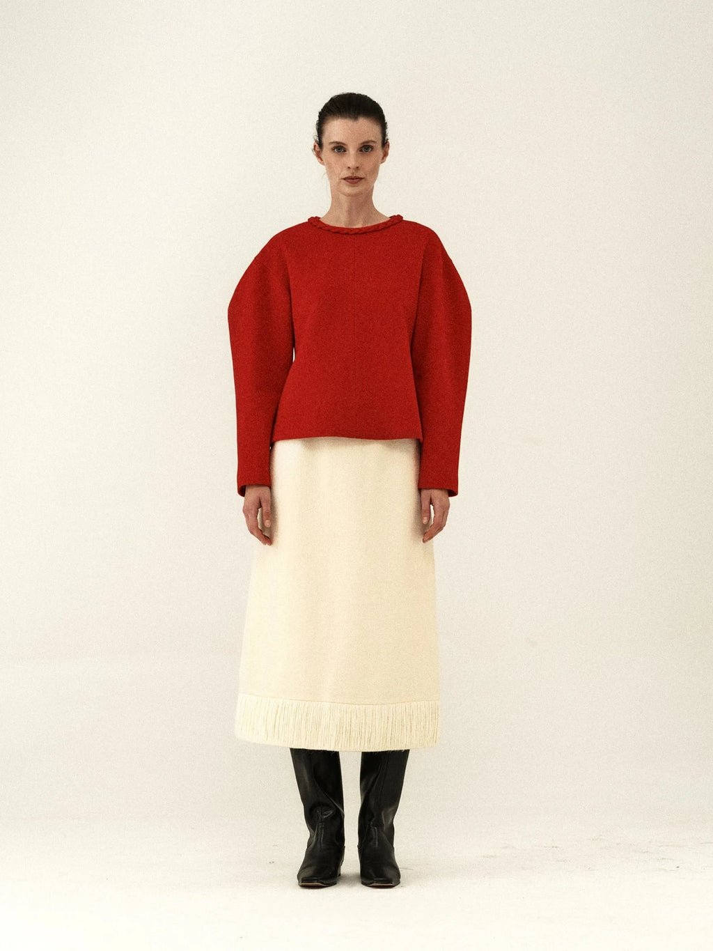 Fringed Hem Wool Midi Skirt