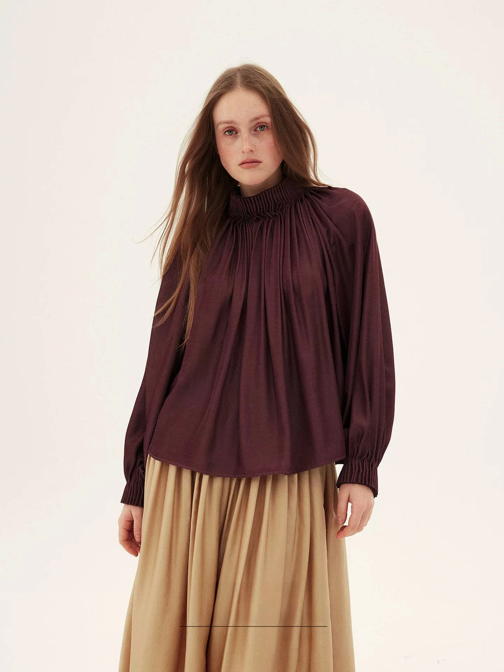 Rum-Colored Pleated Stand-Collar Blouse