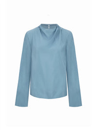 Sky Blue Mock Neck Silk Blouse