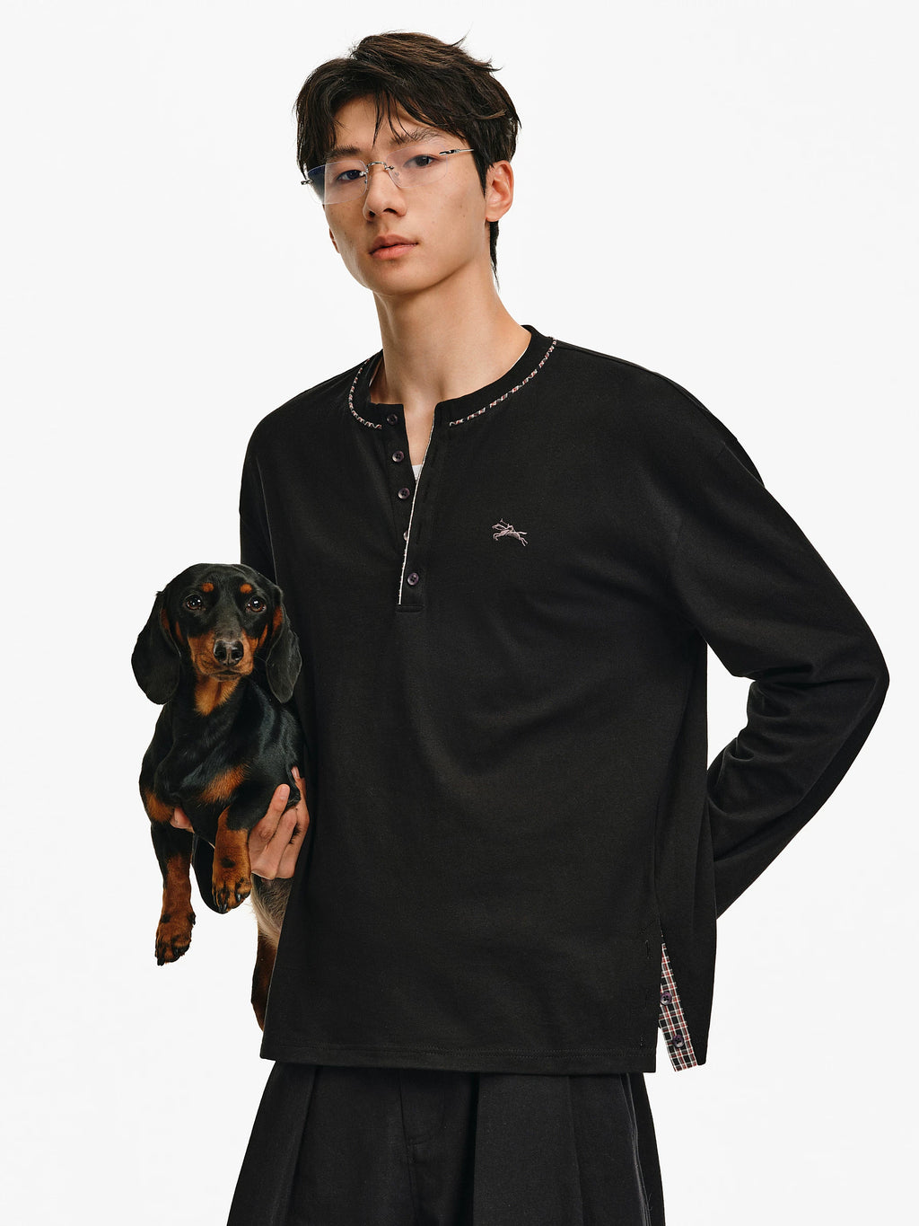 Plaid Trim Embroidered Henley Shirt