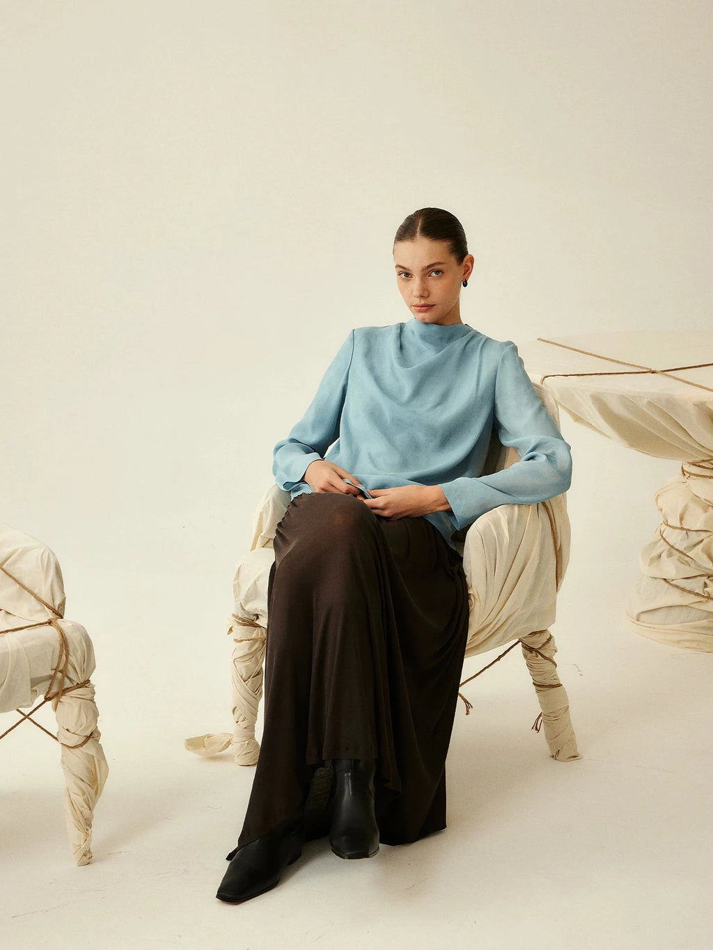 Sky Blue Mock Neck Silk Blouse