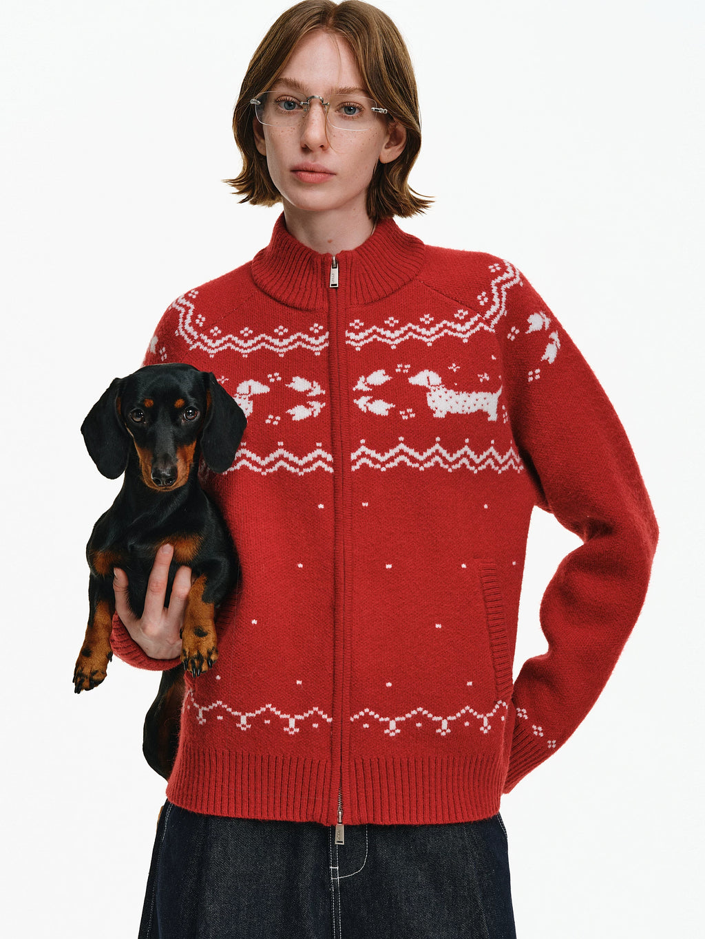 Fair Isle Dachshund Zip-Up Sweater