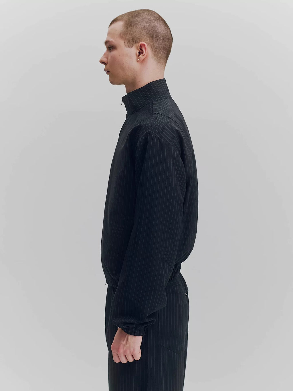 Striped Wool Stand Collar Bomber Jacket