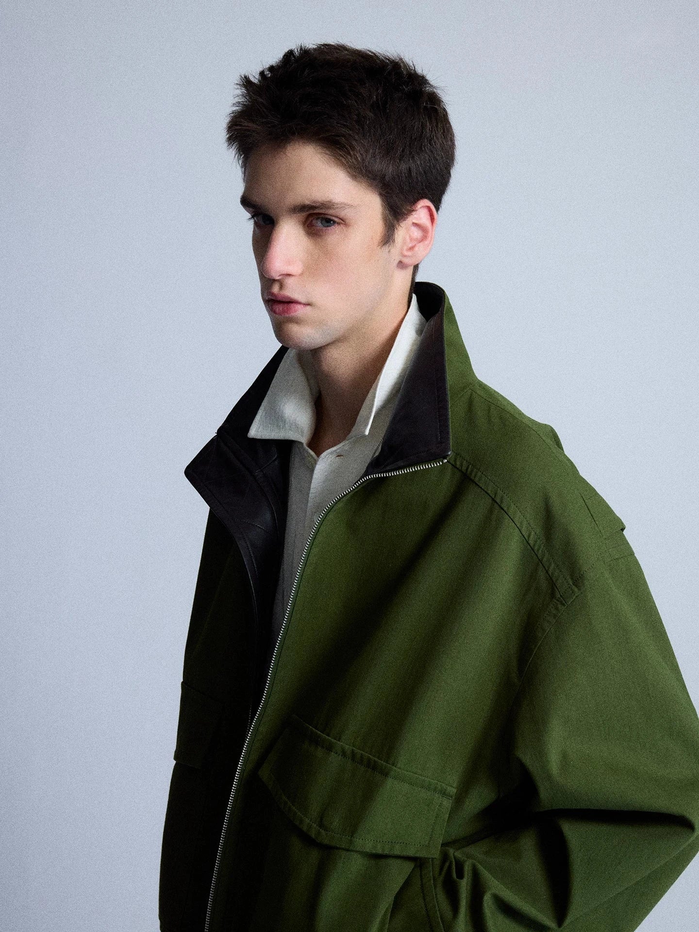 Leather-Trimmed Wool Blend Bomber Jacket