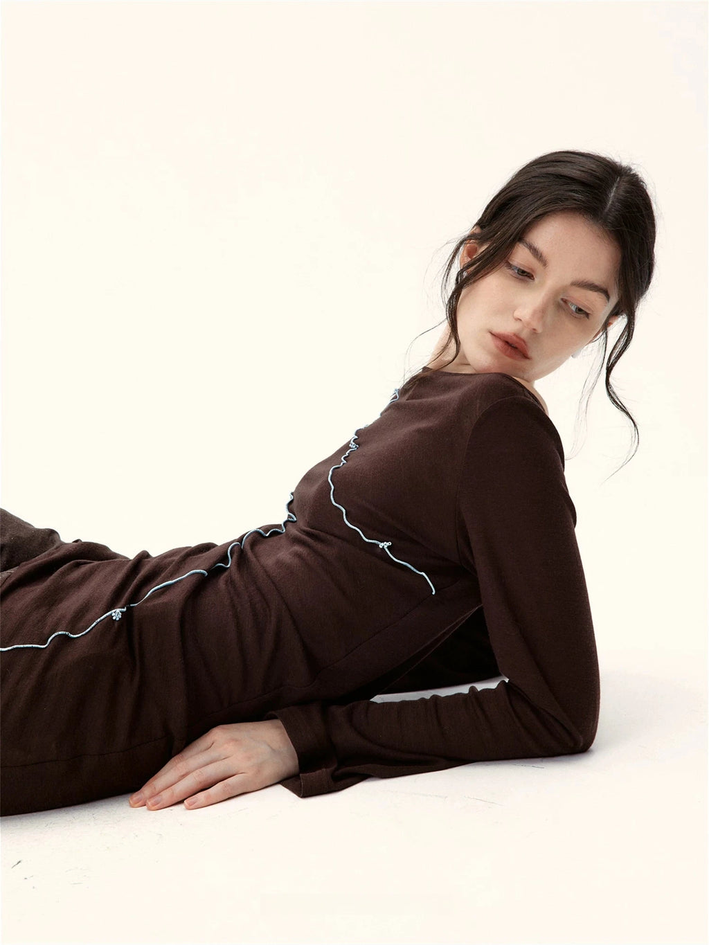 Asymmetrical Contrast-Stitch Wool Knit Top