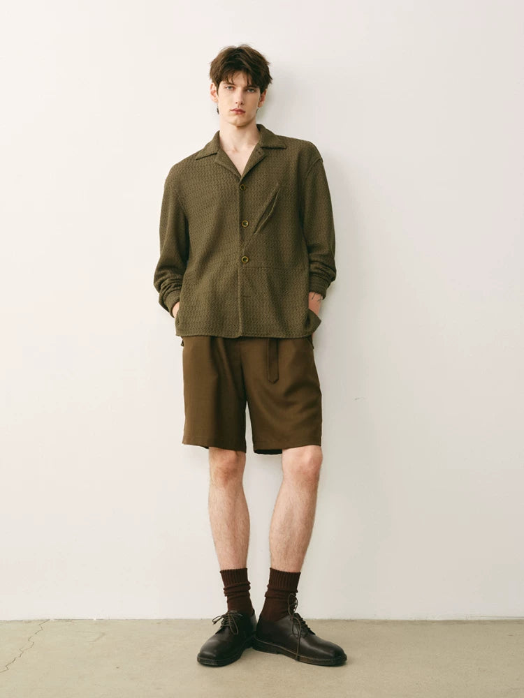Olive Wool Blend Pleated Belted Shorts