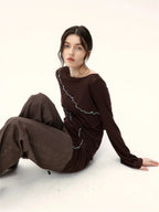 Asymmetrical Contrast-Stitch Wool Knit Top