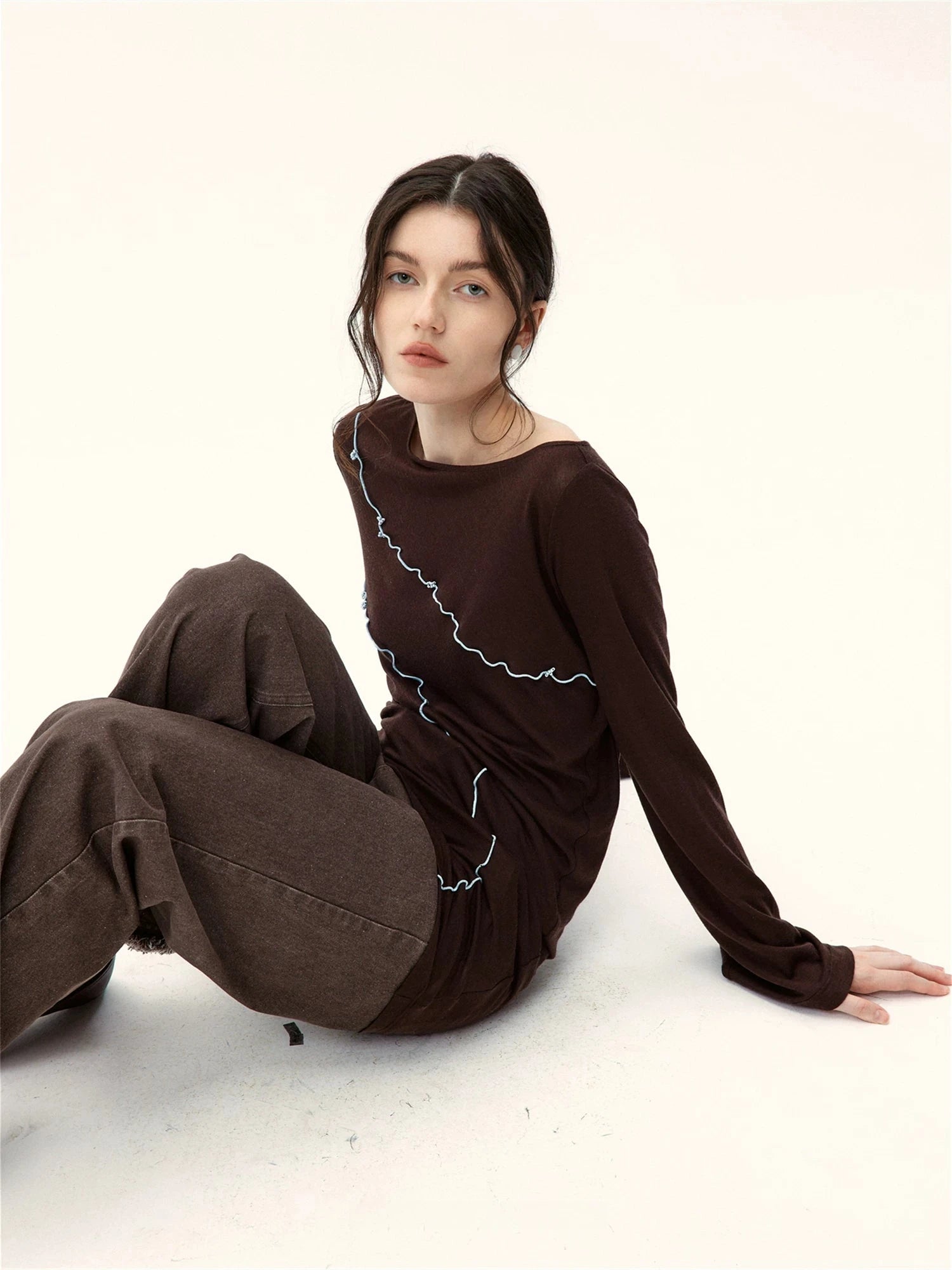 Asymmetrical Contrast-Stitch Wool Knit Top