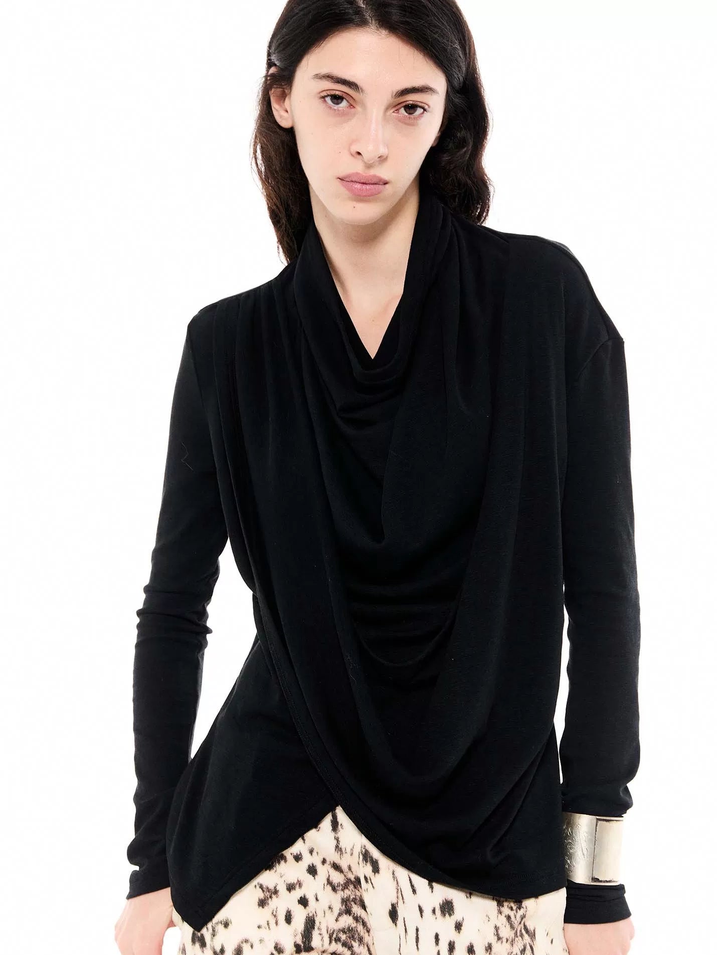 Draped Tencel Sculptural Long-Sleeve Top
