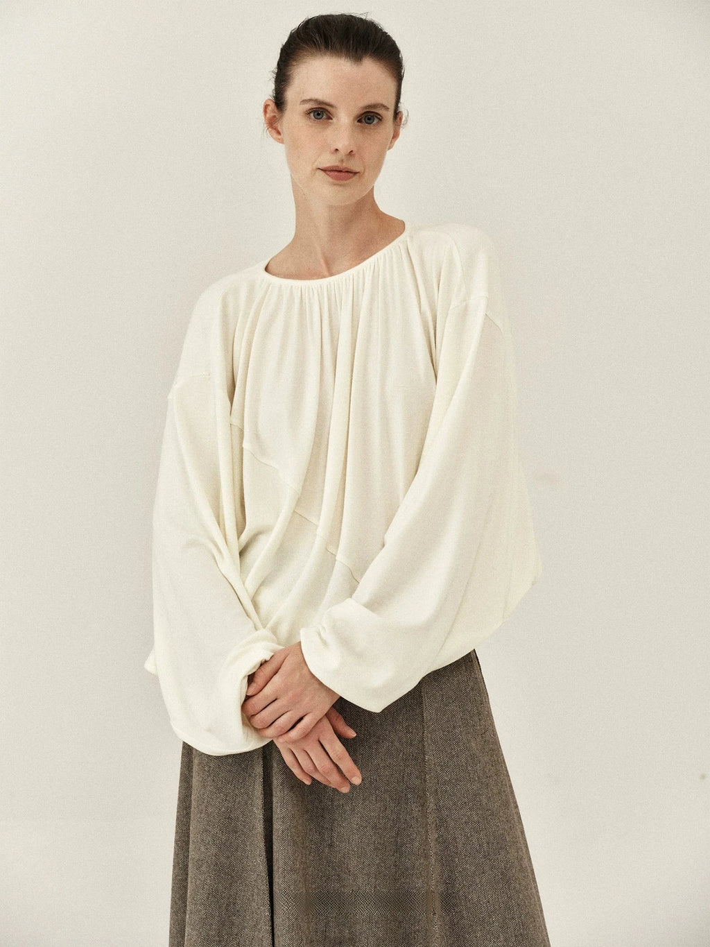 Pleated Round-Neck Draped Knit Top
