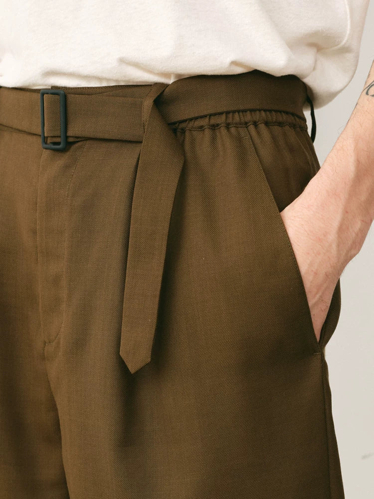 Olive Wool Blend Pleated Belted Shorts
