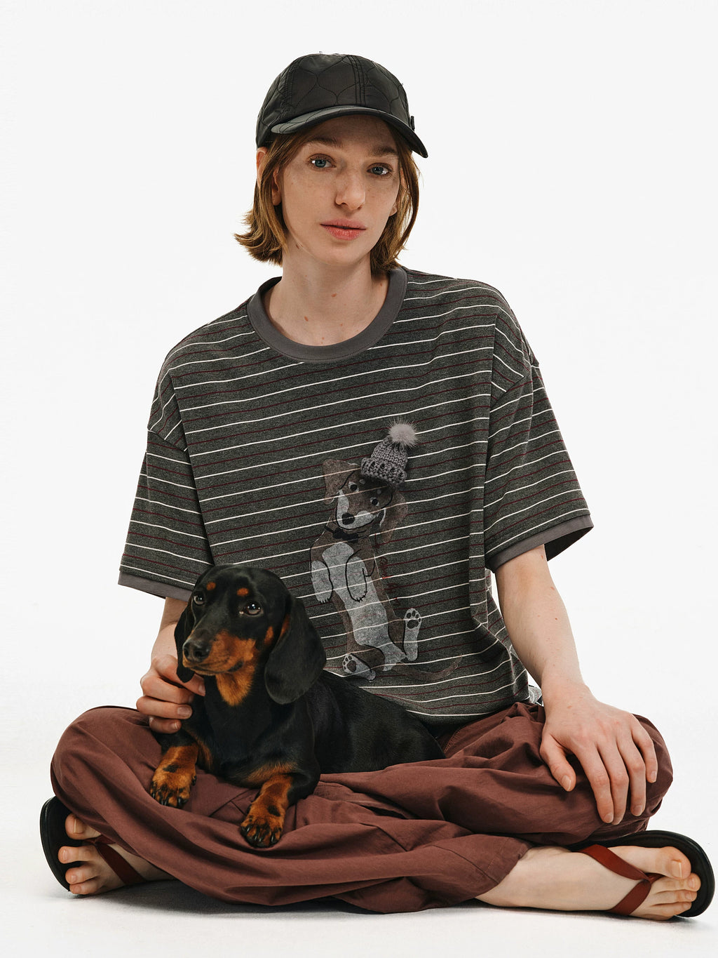 Dachshund Graphic Striped Cotton T-Shirt
