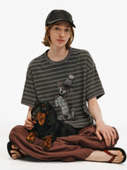 Dachshund Graphic Striped Cotton T-Shirt