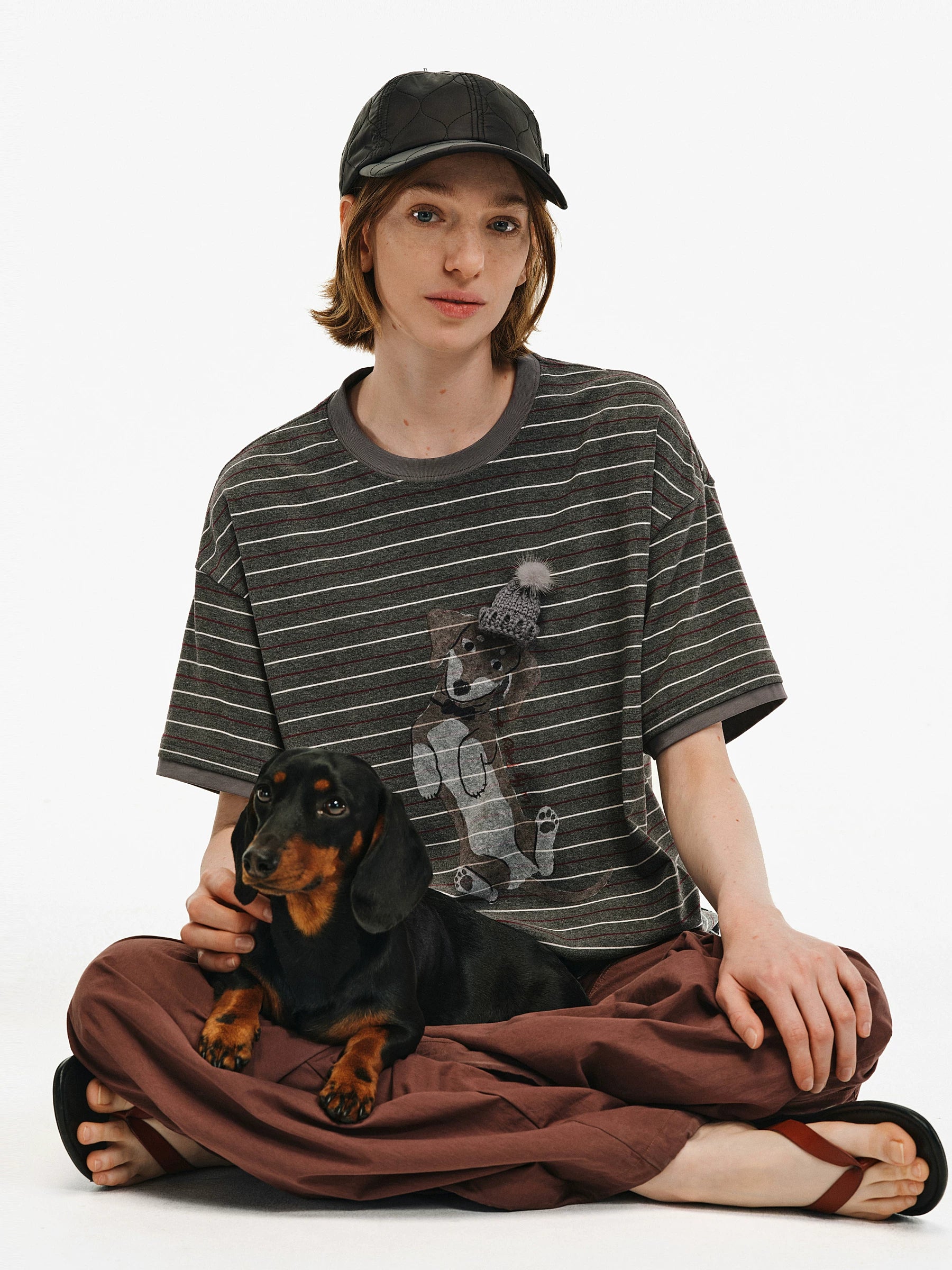 Dachshund Graphic Striped Cotton T-Shirt