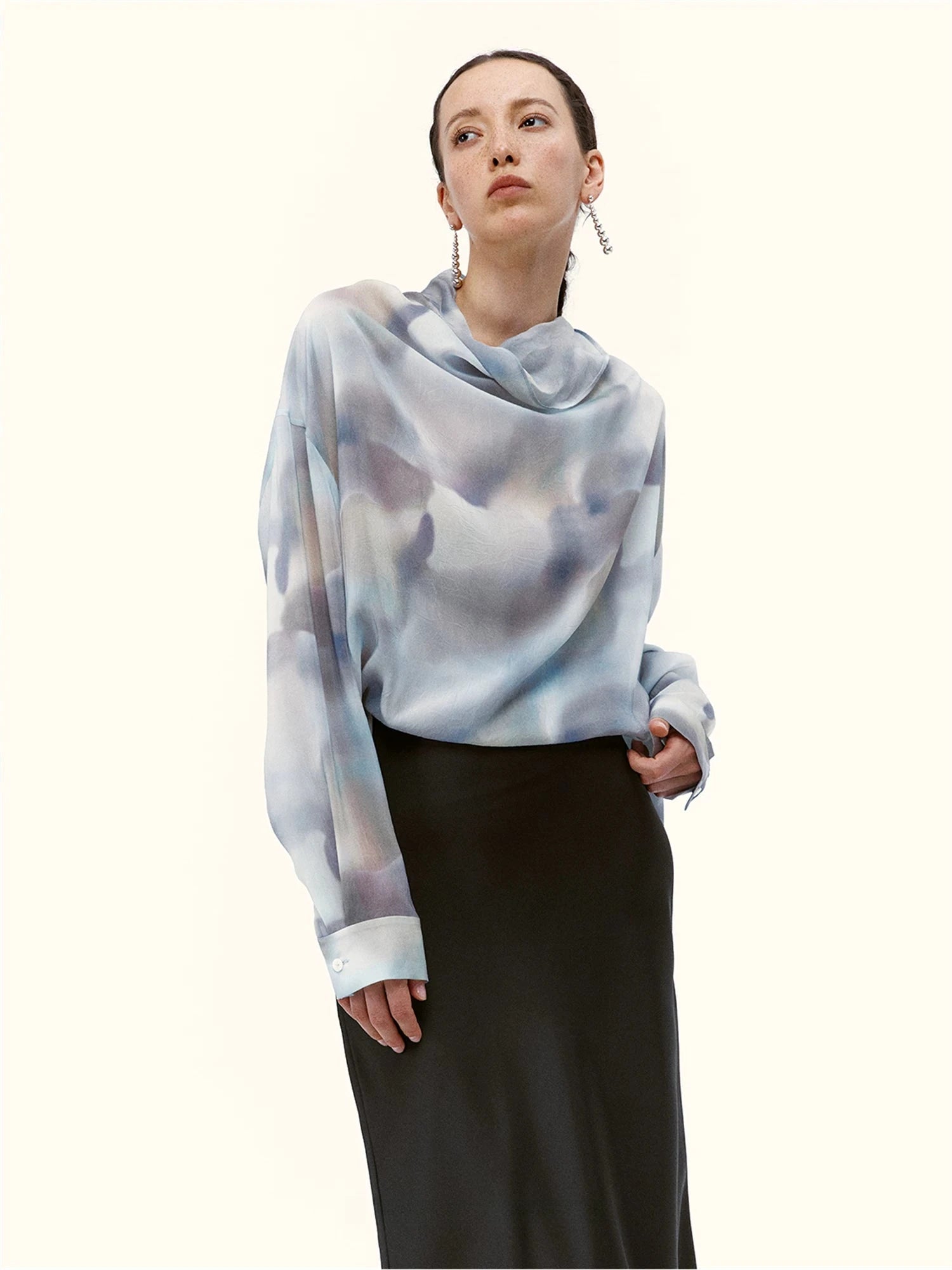 Abstract Print Silk Drape Blouse