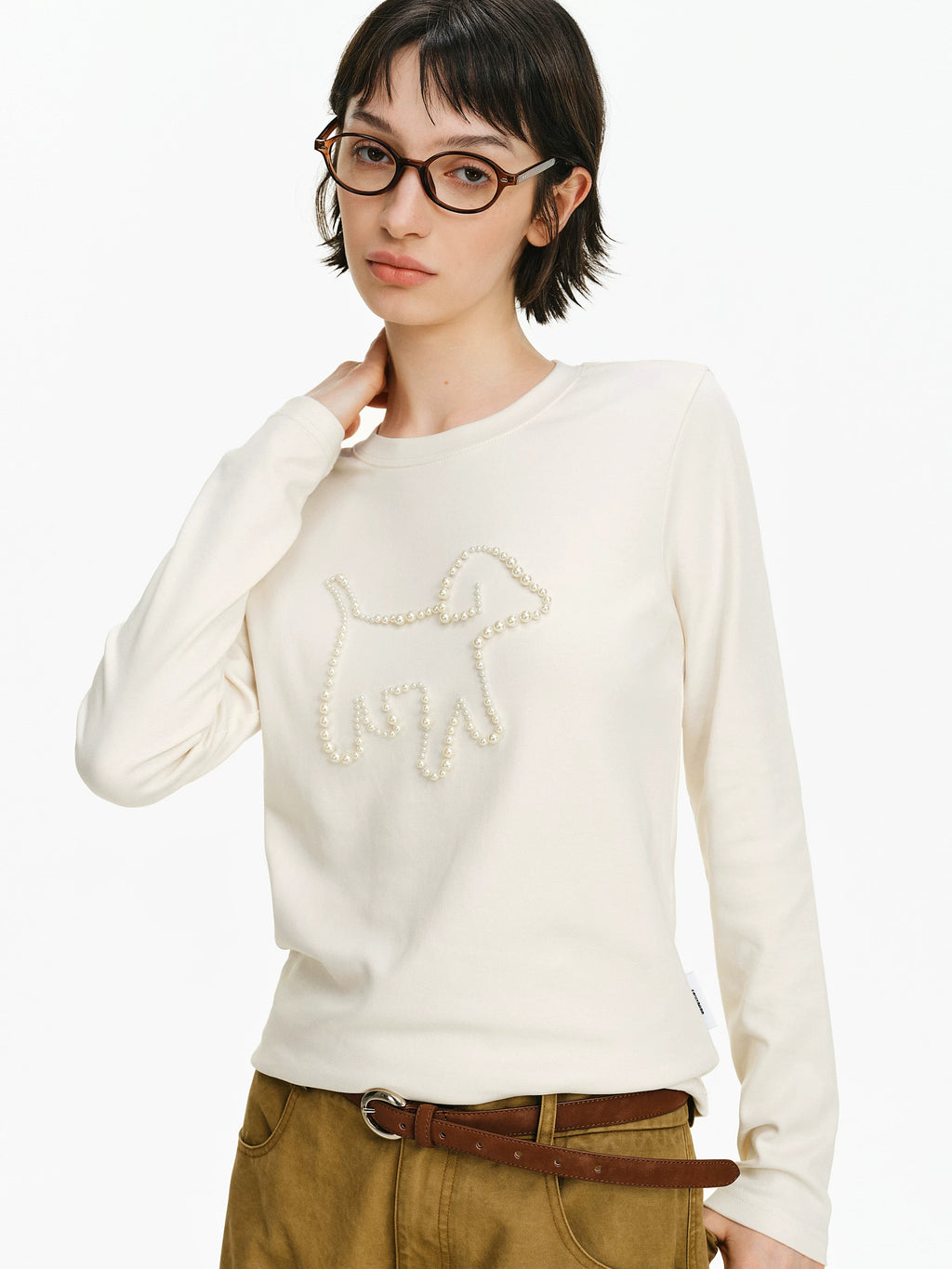 Pearl Embellished Puppy Long Sleeve T-Shirt