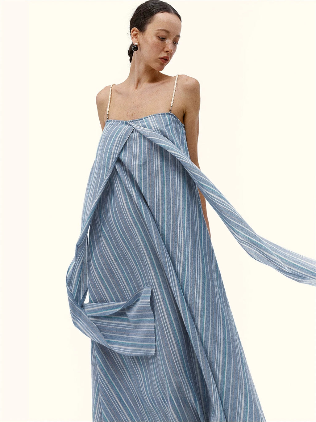 Striped Linen Maxi Dress With Pearl Straps