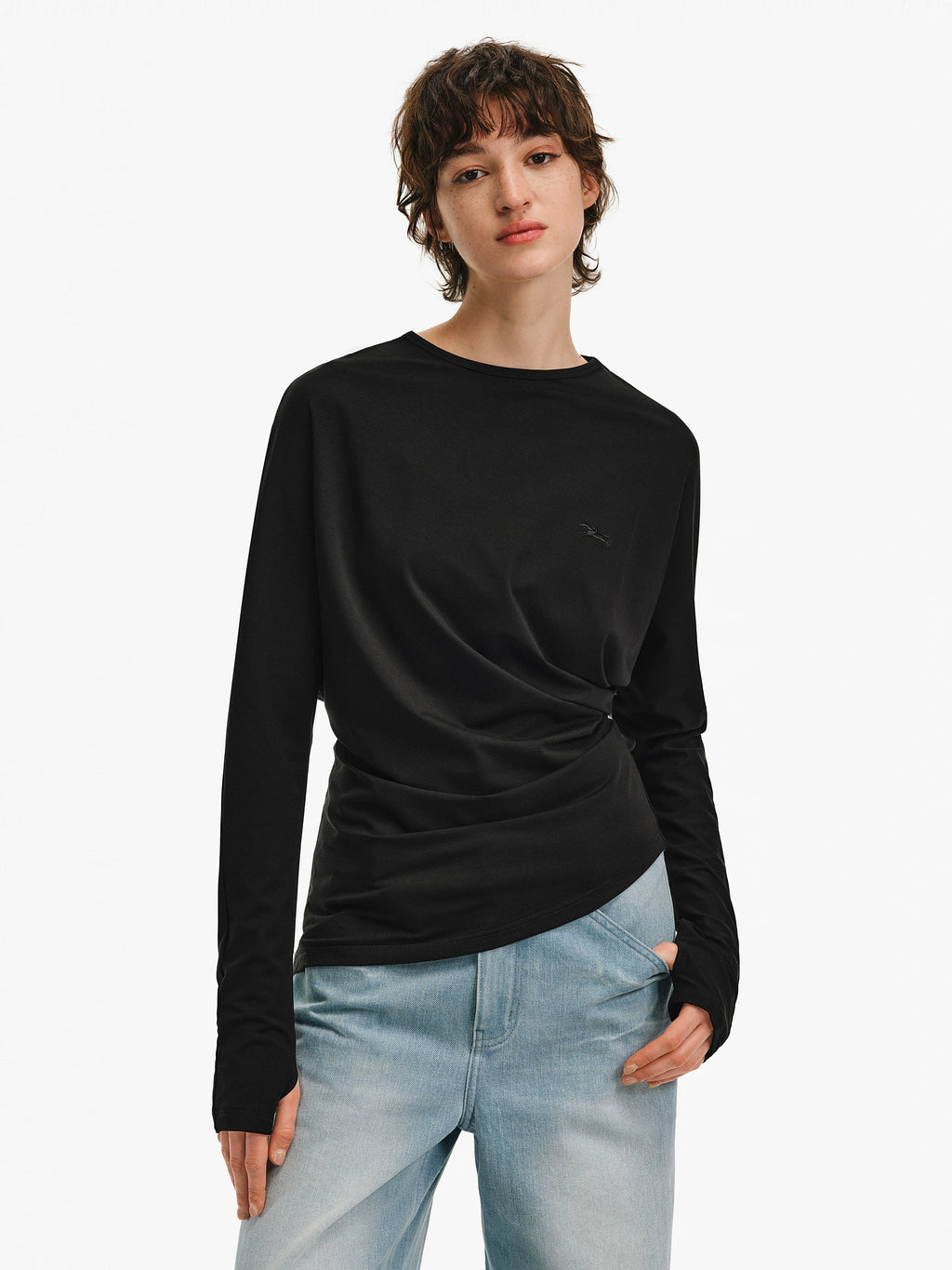 Pleated Batwing Long Sleeve Top