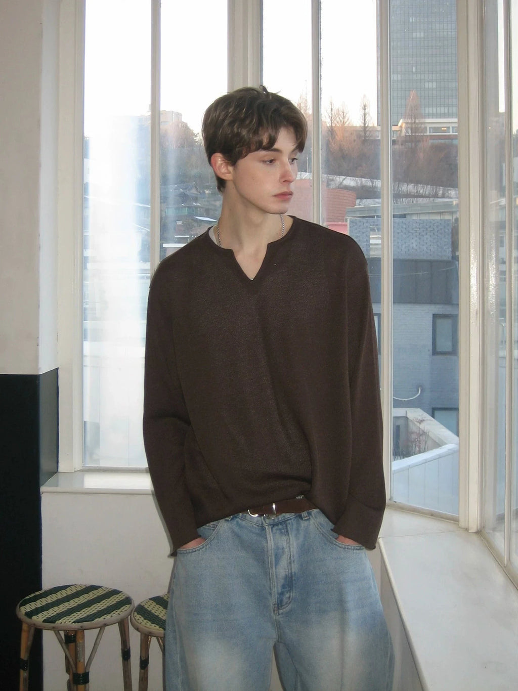 V-Neck Knit Long-Sleeve Sweater