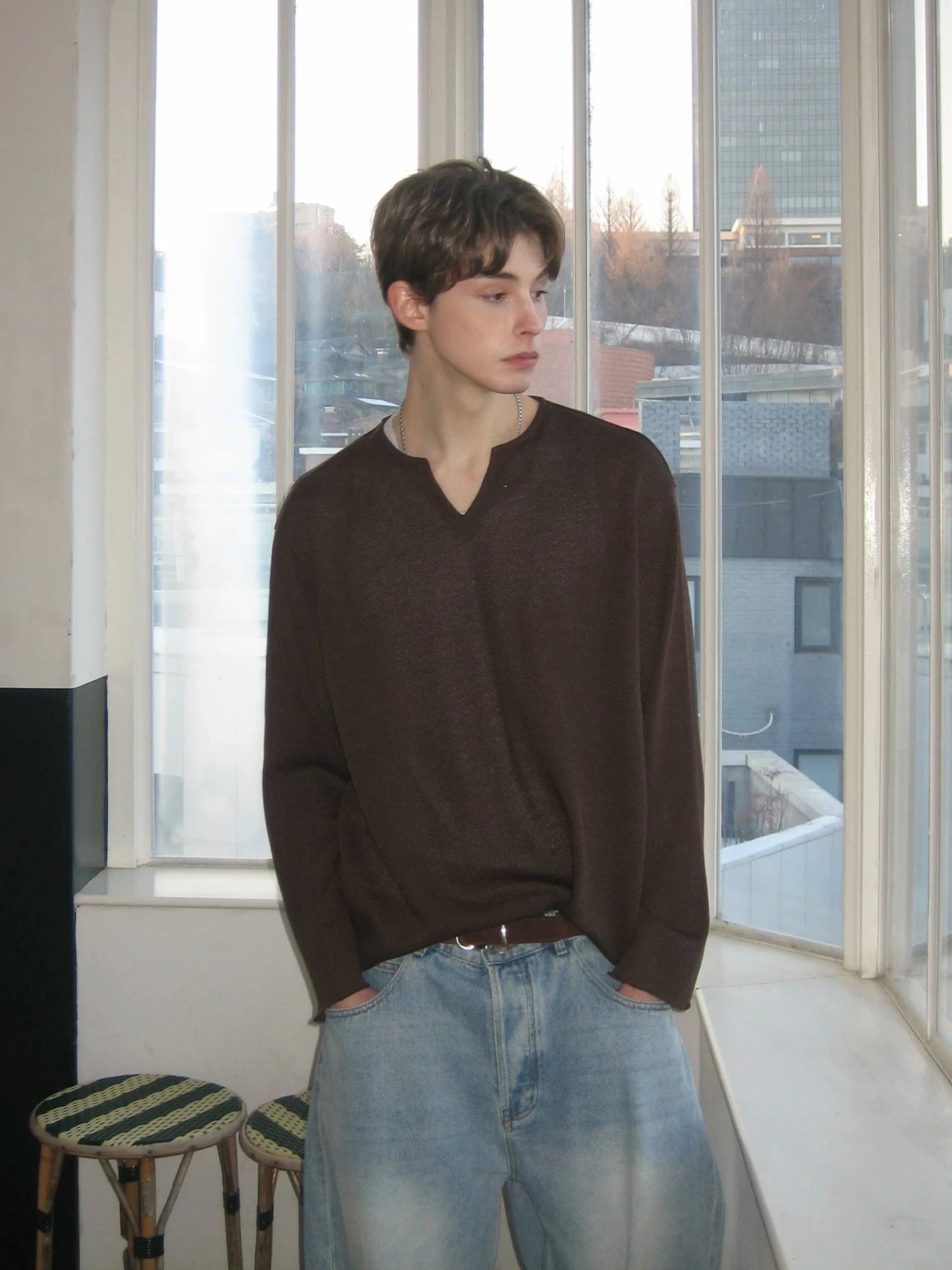 V-Neck Knit Long-Sleeve Sweater