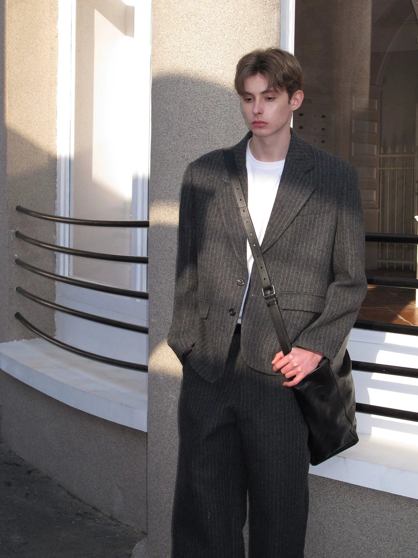 Pinstriped Wool Blend Tailored Suit