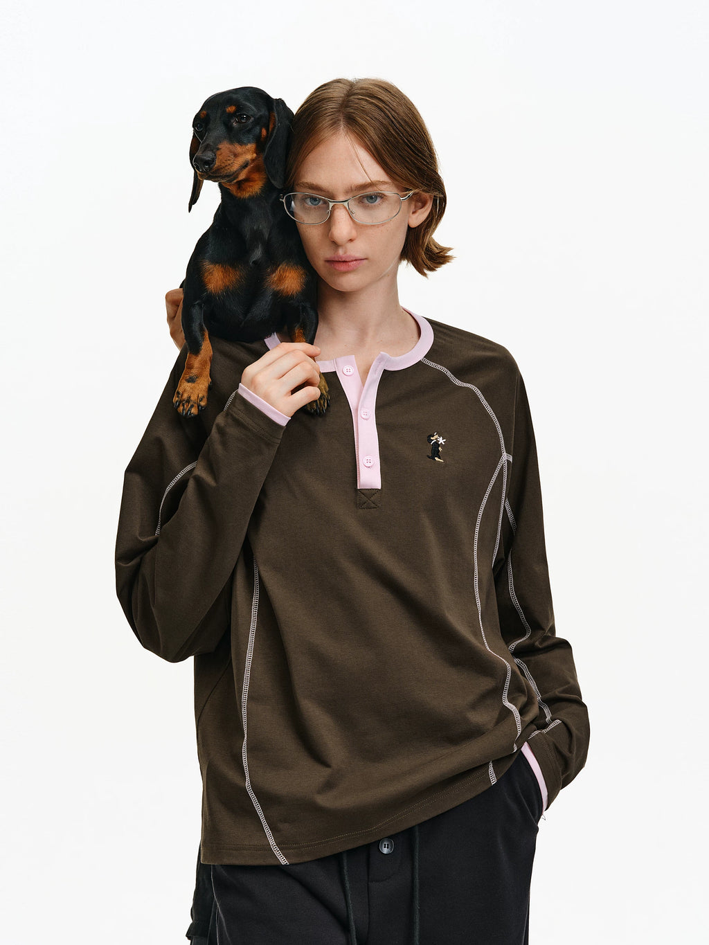 Contrast Stitch Henley Long-Sleeve Top